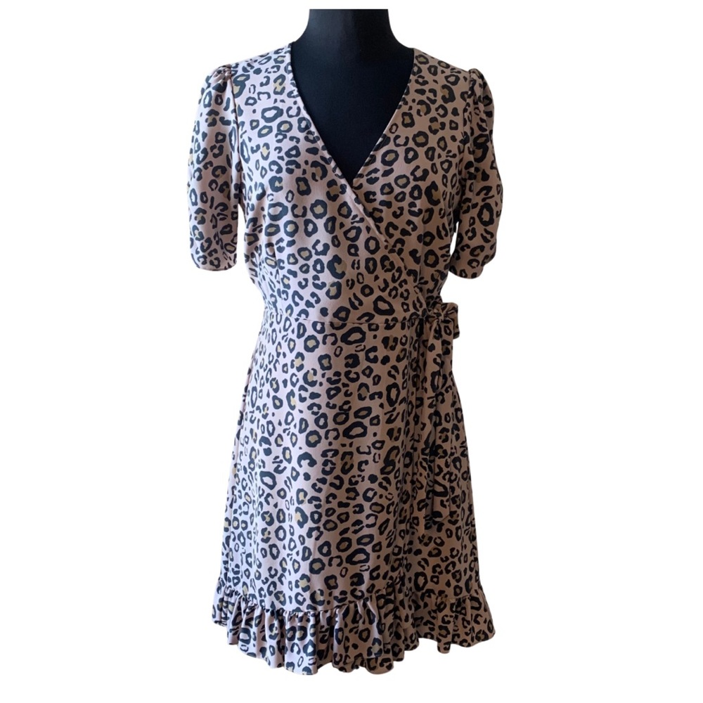 SANCTUARY Leopard Print Dress Size Large Faux Wrap Puff Sleeves